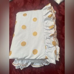 White Ruffled Baby Blanket with Gold Polka Dots Minky back